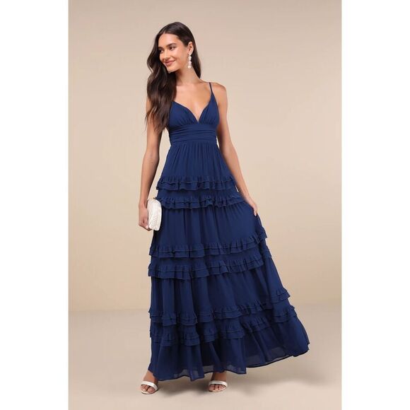 Lulus Lavish Perfection Navy Blue Ruffled Tiered Maxi Dress Size L NWT - Picture 4 of 9